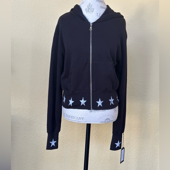 Michael Lauren Black Cropped Kaholo Star Print Hooded Jacket Small New With Tags - Picture 7 of 13